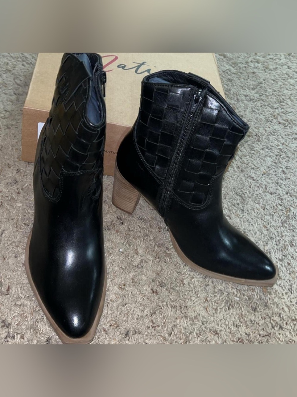 Matisse Black Woven Leather Ankle Booties with Stacked Heel
